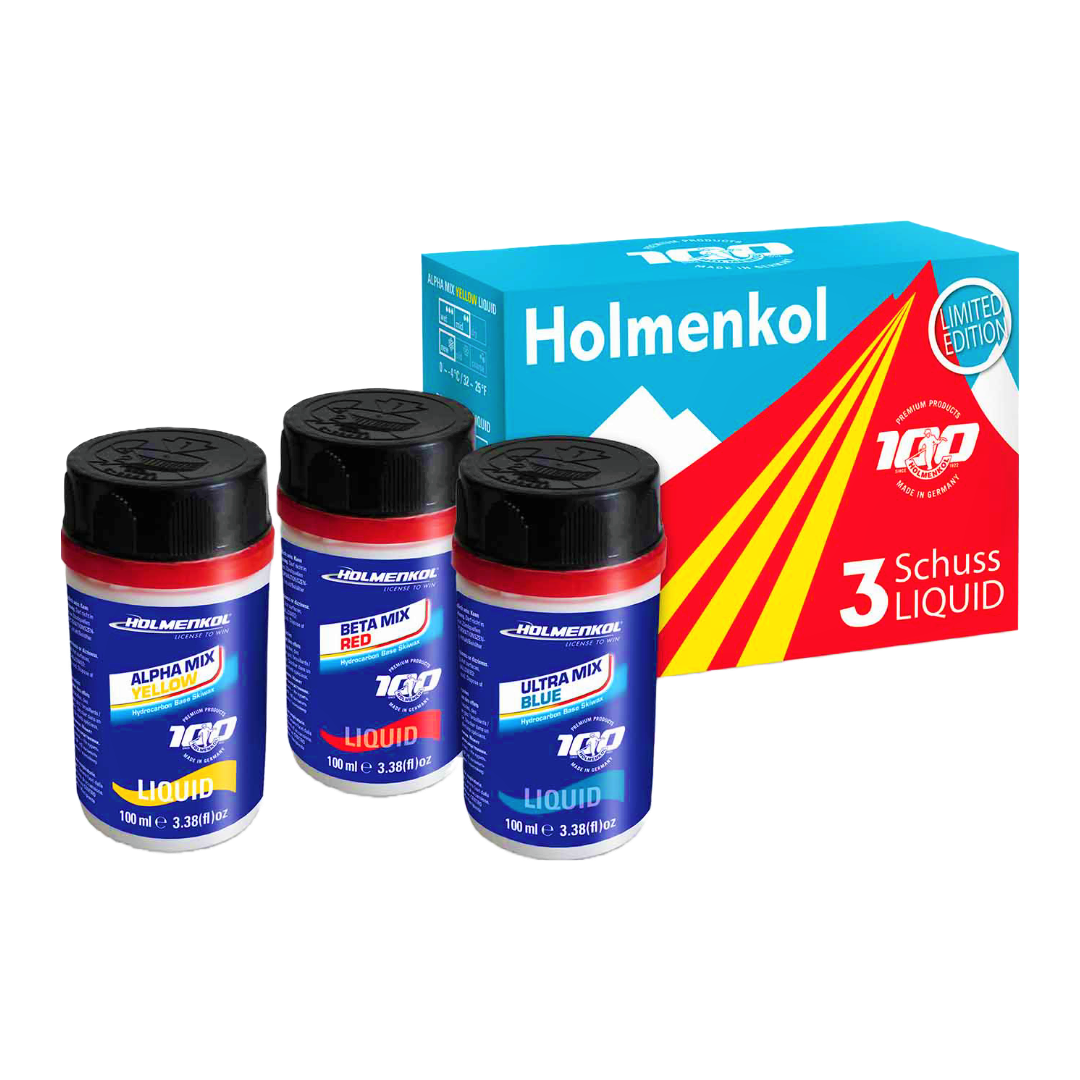 A product picture of the Holmenkol 3 Schuss Liquid YELLOW, RED, BLUE