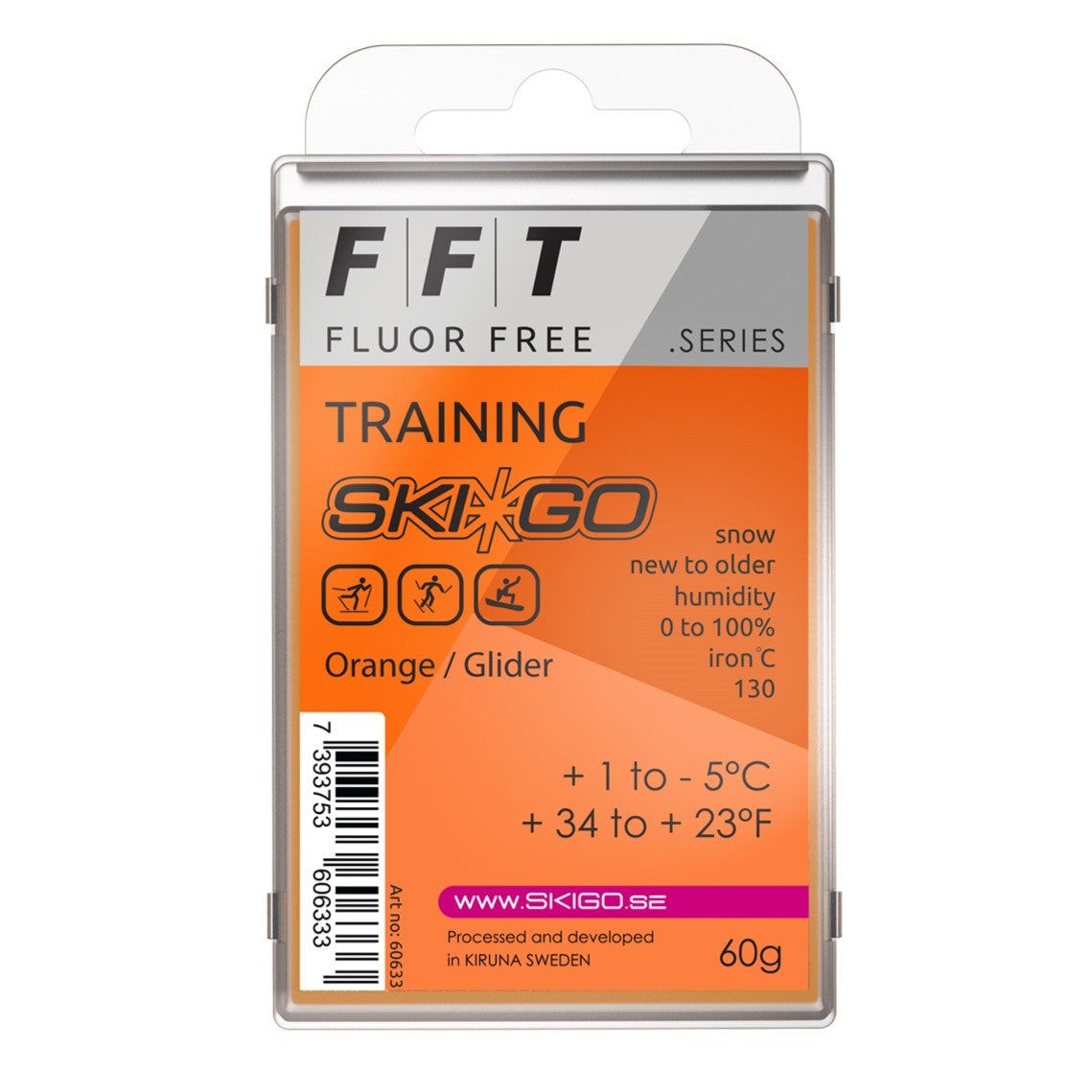 A product picture of the Ski*Go FFT Orange Melt Wax