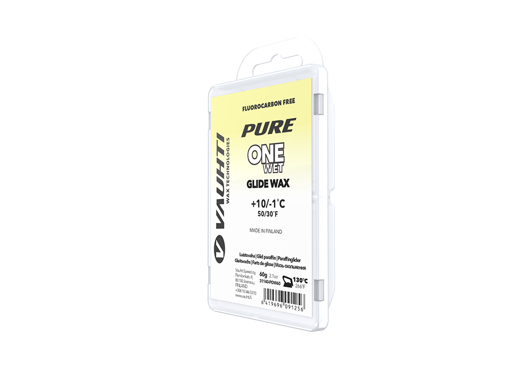 From the Vauhti Fluoro-free PURE line. PURE-LINE ONE WET PARAFFIN An entry-level fluoro-free paraffin for warm conditions.