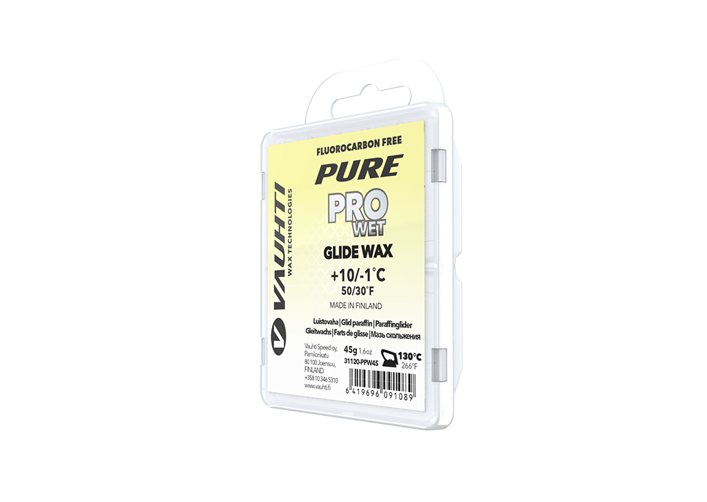 From the Vauhti Fluoro-free PURE line. PURE-LINE PRO WET PARAFFIN A high-performance fluoro-free racing paraffin for warm conditions.