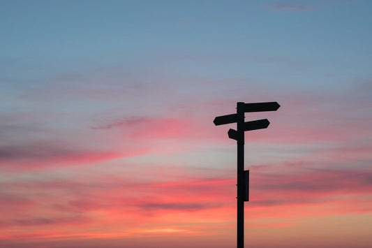 Silhouetted directional signpost against a colourful twilight sky