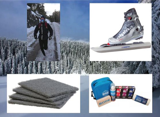 Winter gear collage — cold weather mask, Zandstra Nordic skates, FiberTex pads, Rode RL kit