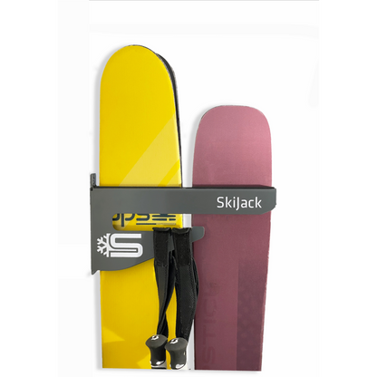 A product picture of the Skijack Wall-Mounted Ski and Snowboard Storage Hanger
