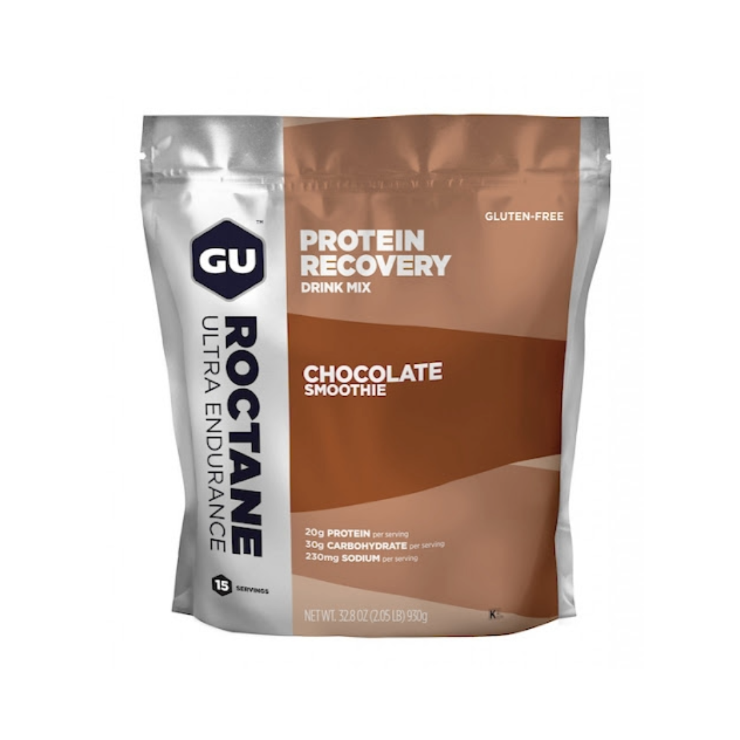 A product picture of the Gu Energy Roctane Chocolate Smoothie Protein Recovery Mix 