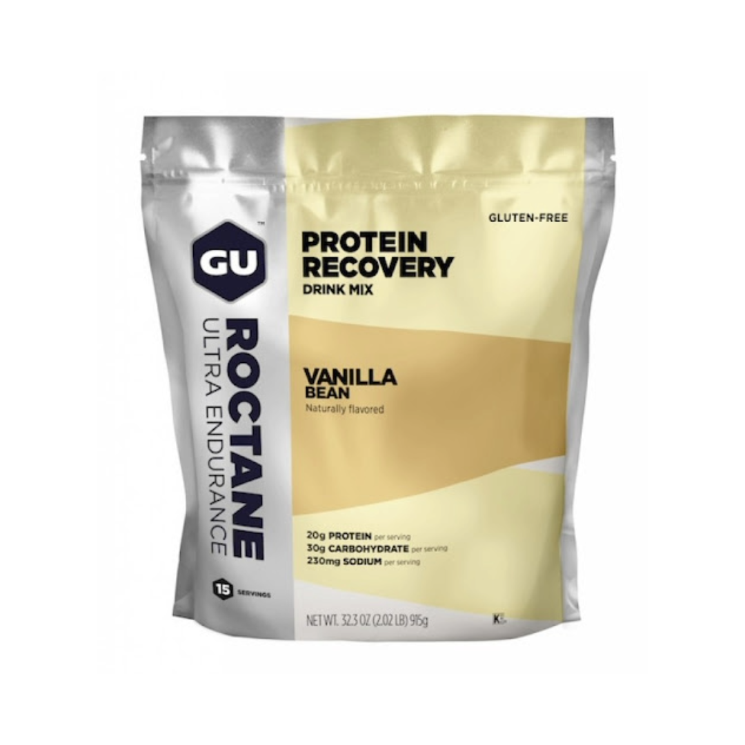 A product picture of the Gu Energy Roctane Vanilla Bean Protein Recovery Mix (Gluten-Free)