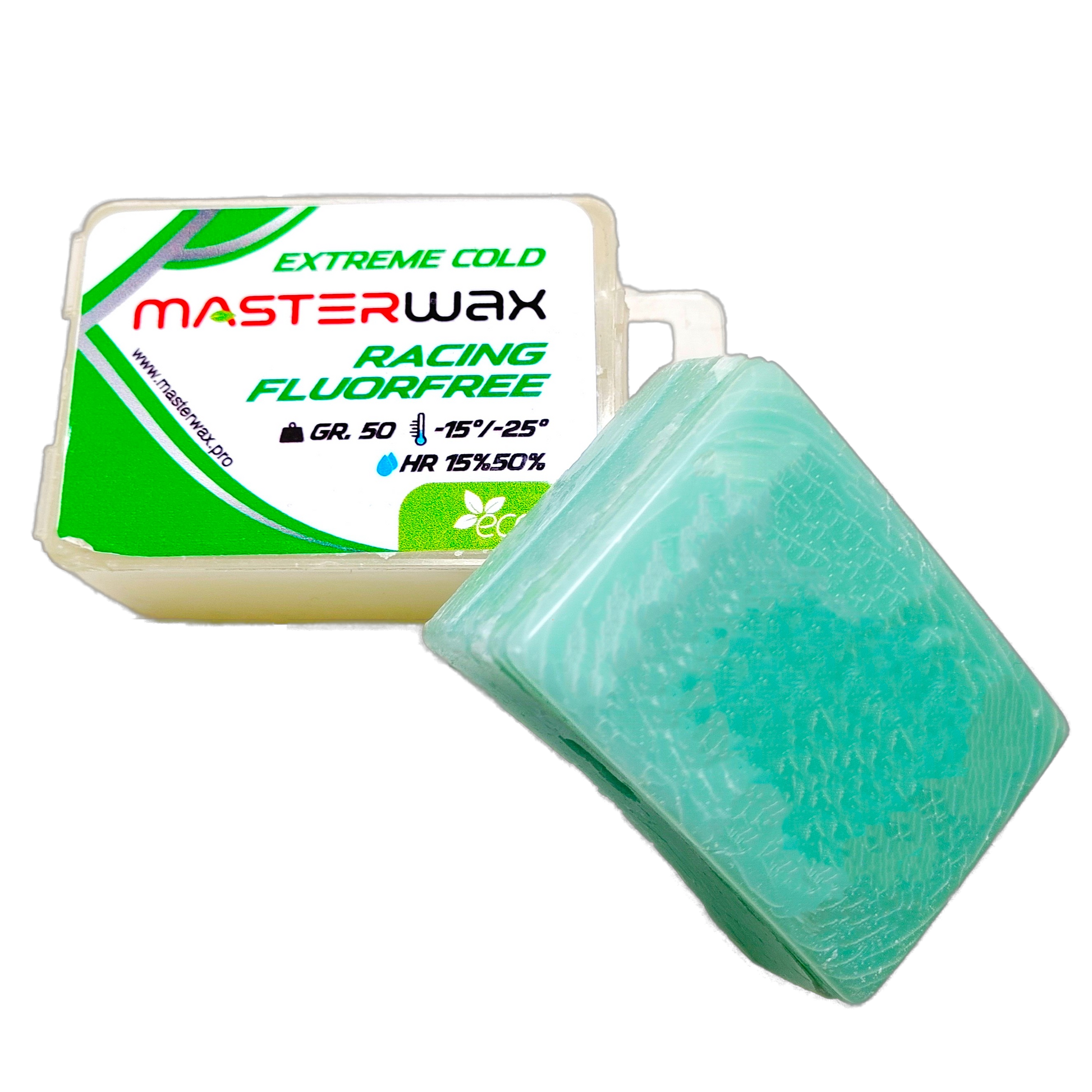 A product picture of the MasterWax RACING FLUORFREE Extreme Cold Melt Wax