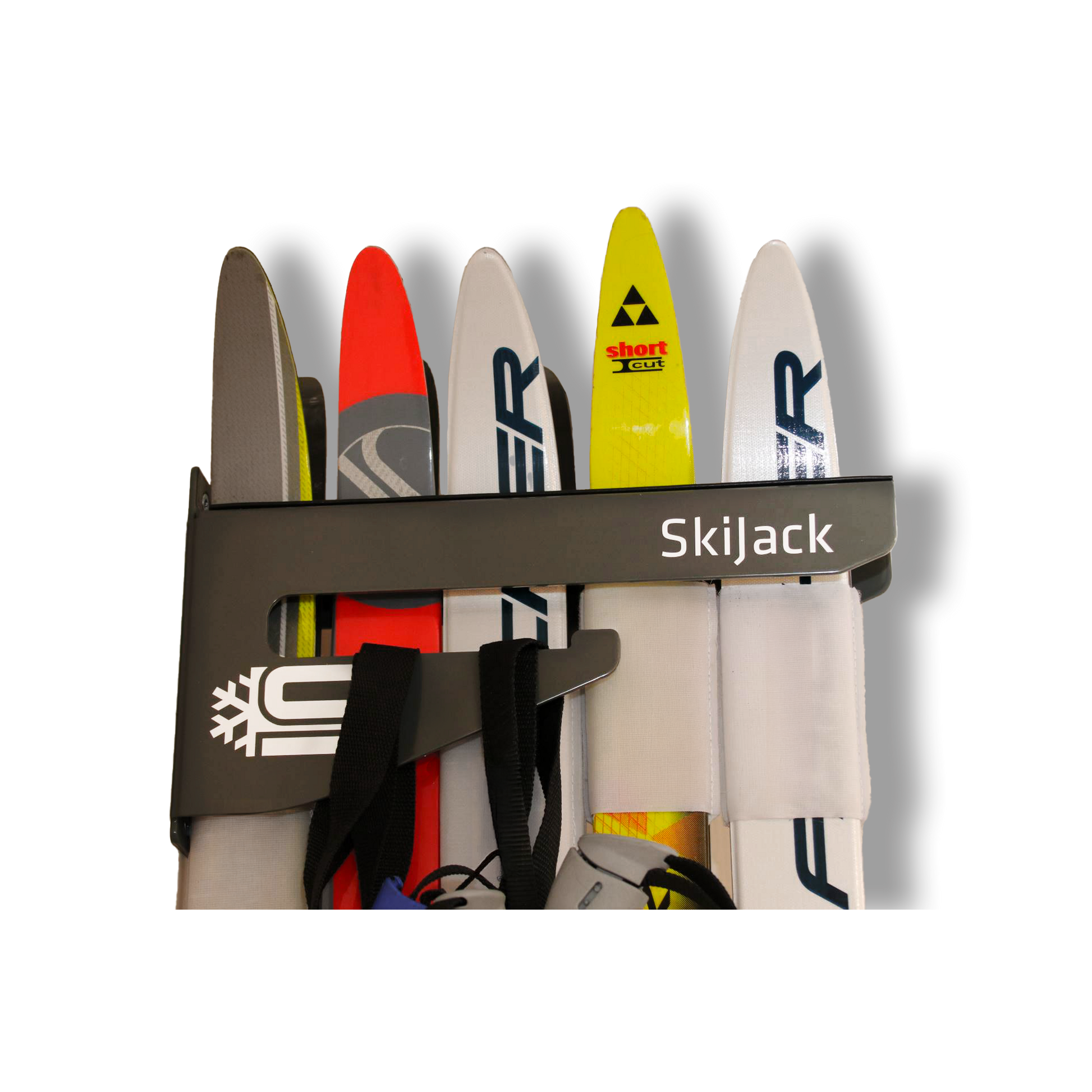 A product picture of the Skijack Wall-Mounted Ski and Snowboard Storage Hanger