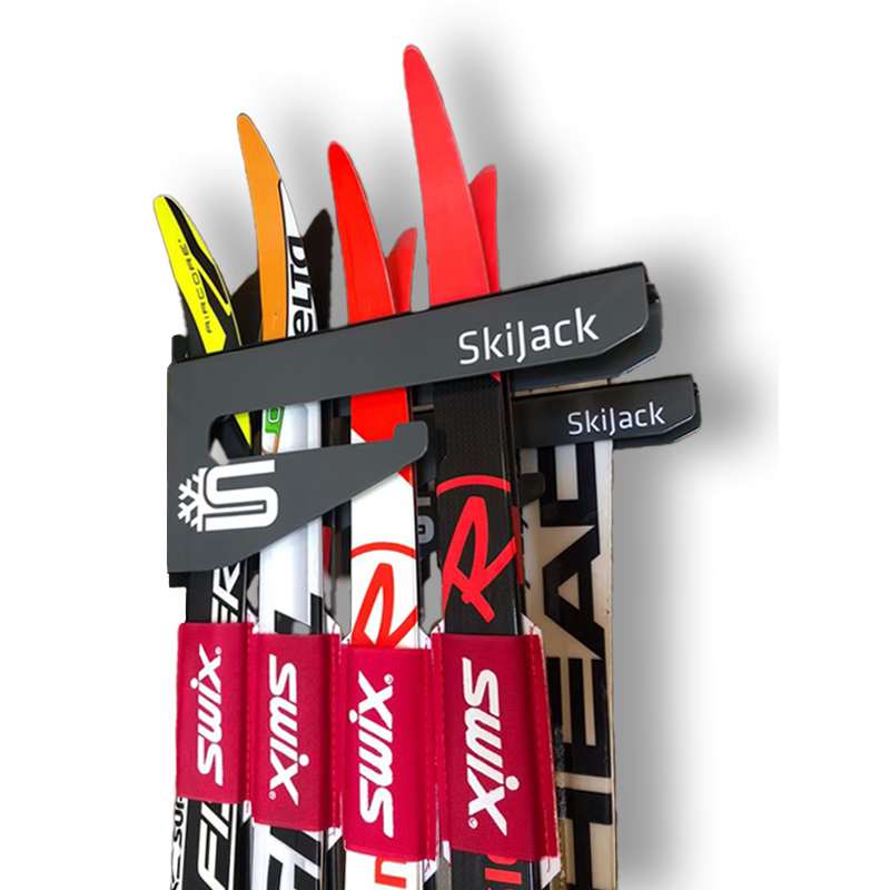 A product picture of the Skijack Wall-Mounted Ski and Snowboard Storage Hanger