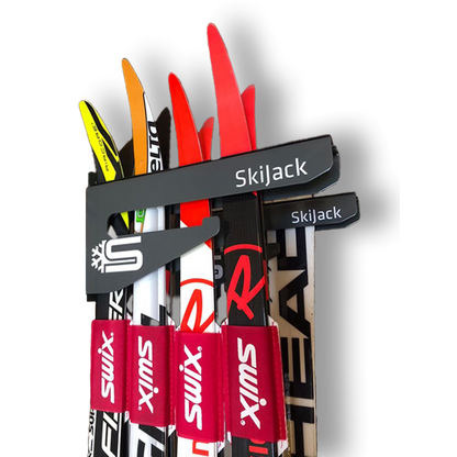 A product picture of the Skijack Wall-Mounted Ski and Snowboard Storage Hanger