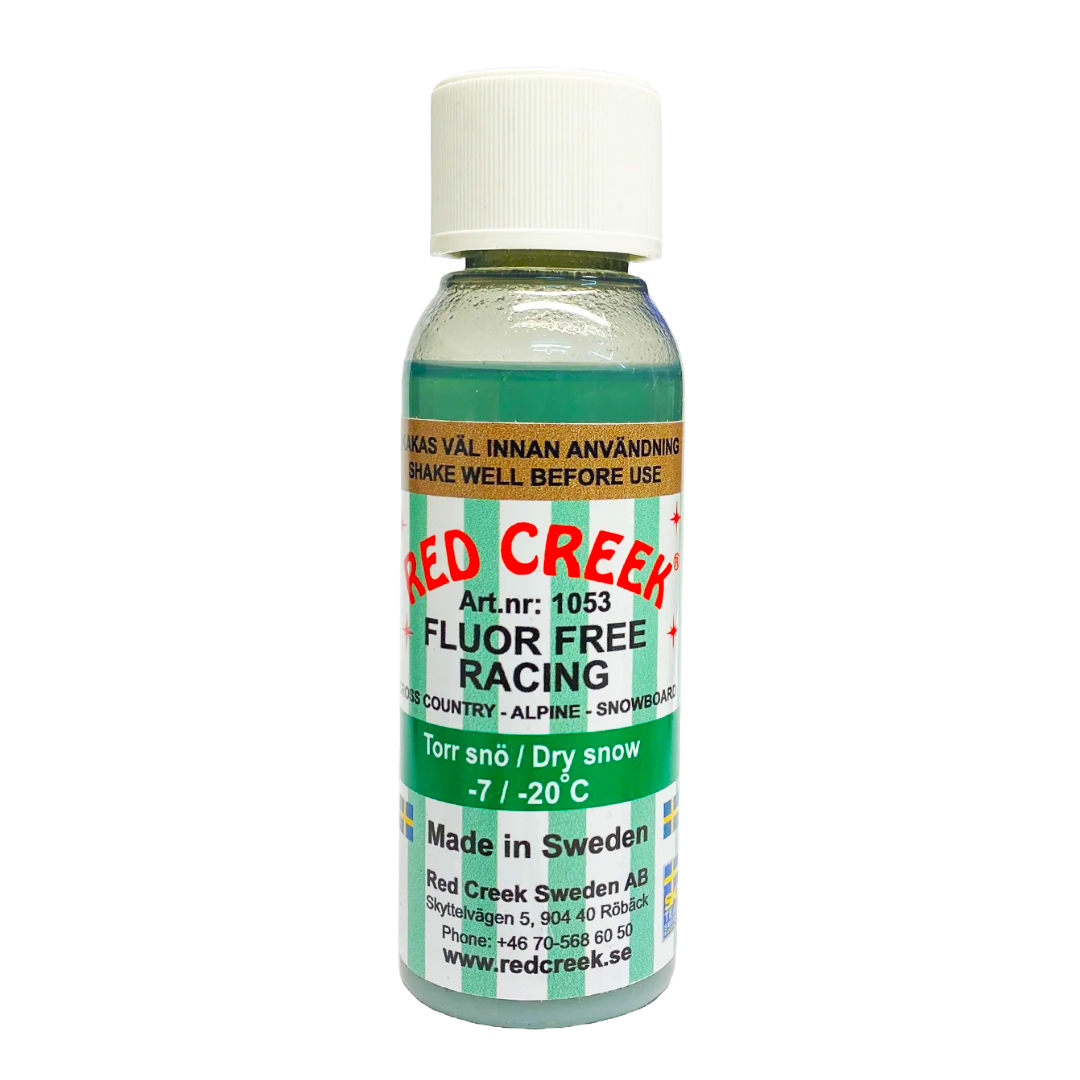 A product picture of the Red Creek Fluoro-Free Racing Green Dry Snow Liquid Glide Wax