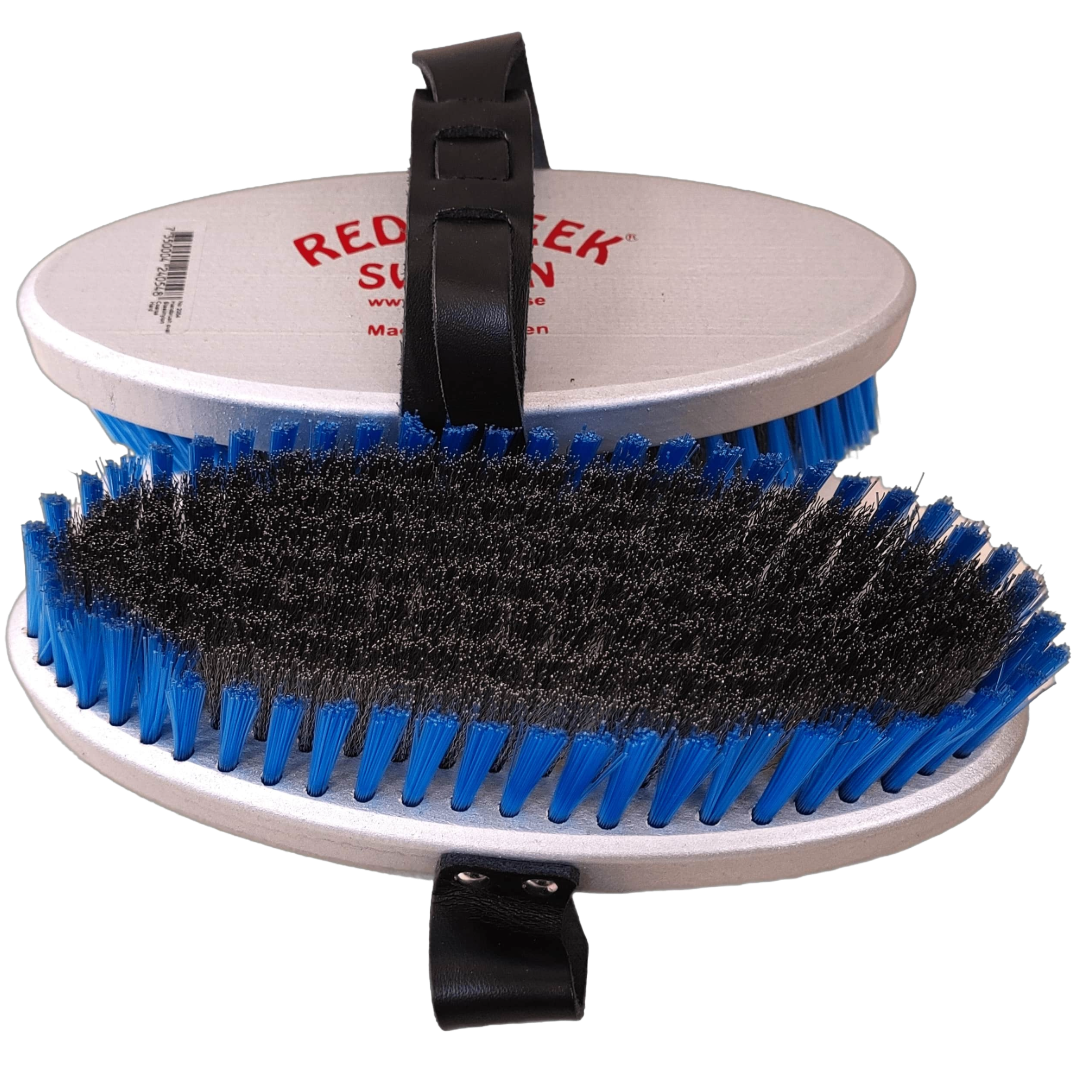 A product picture of the Red Creek Coarse Curled Steel/Blue Nylon Large Oval Hand Brush