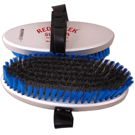 A product picture of the Red Creek Coarse Curled Steel/Blue Nylon Large Oval Hand Brush