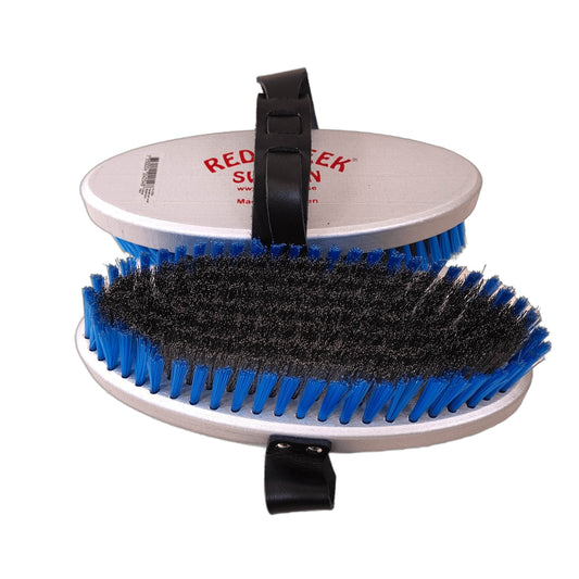 A product picture of the Red Creek Coarse Curled Steel/Blue Nylon Large Oval Hand Brush