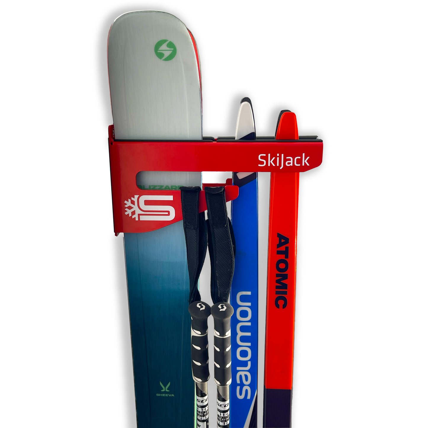 A product picture of the Skijack Wall-Mounted Ski and Snowboard Storage Hanger