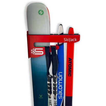 A product picture of the Skijack Wall-Mounted Ski and Snowboard Storage Hanger