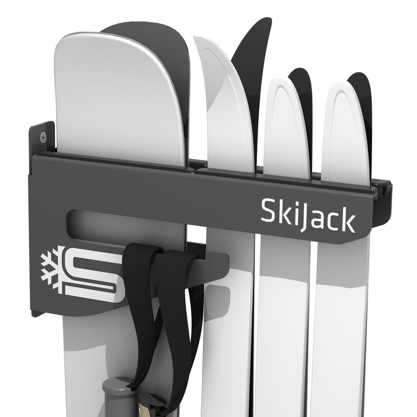 A product picture of the Skijack Wall-Mounted Ski and Snowboard Storage Hanger