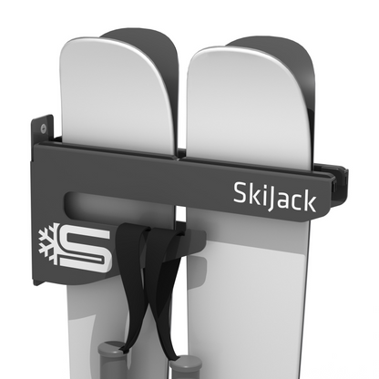 A product picture of the Skijack Wall-Mounted Ski and Snowboard Storage Hanger