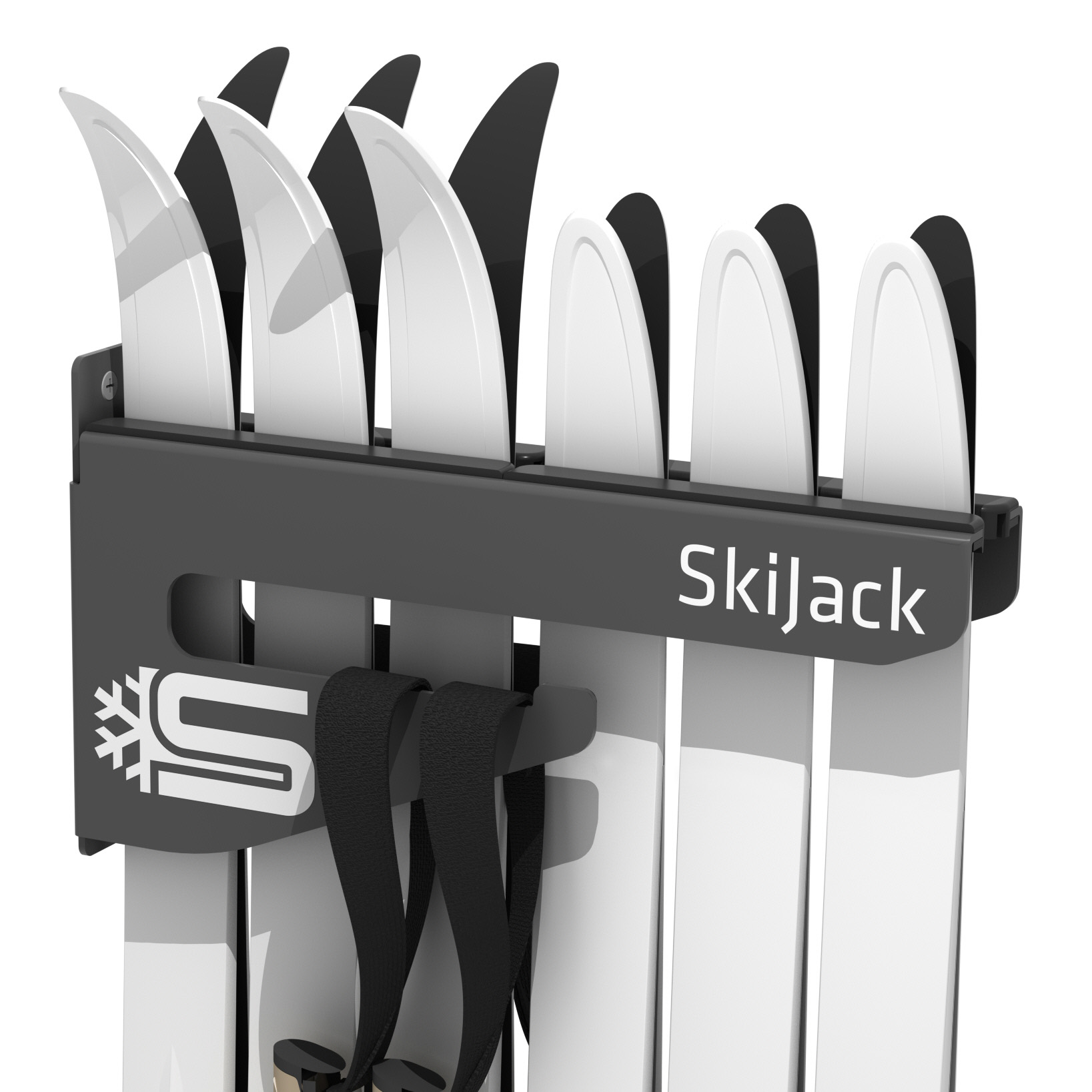 A product picture of the Skijack Wall-Mounted Ski and Snowboard Storage Hanger