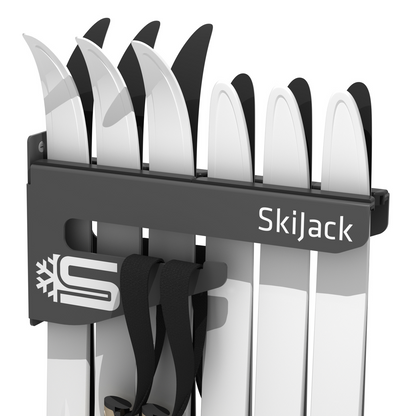 A product picture of the Skijack Wall-Mounted Ski and Snowboard Storage Hanger