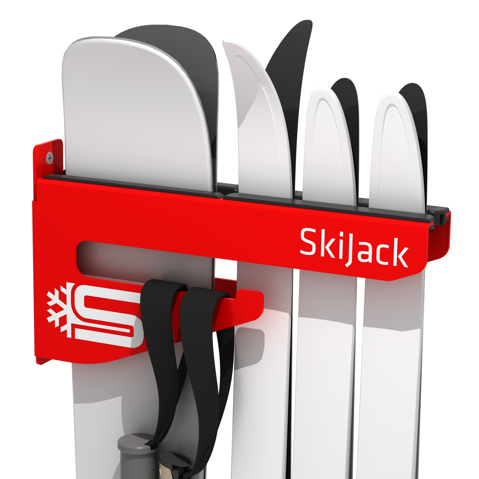A product picture of the Skijack Wall-Mounted Ski and Snowboard Storage Hanger