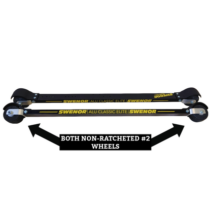A longer aluminium classic rollerski with better ground contact for striding. 