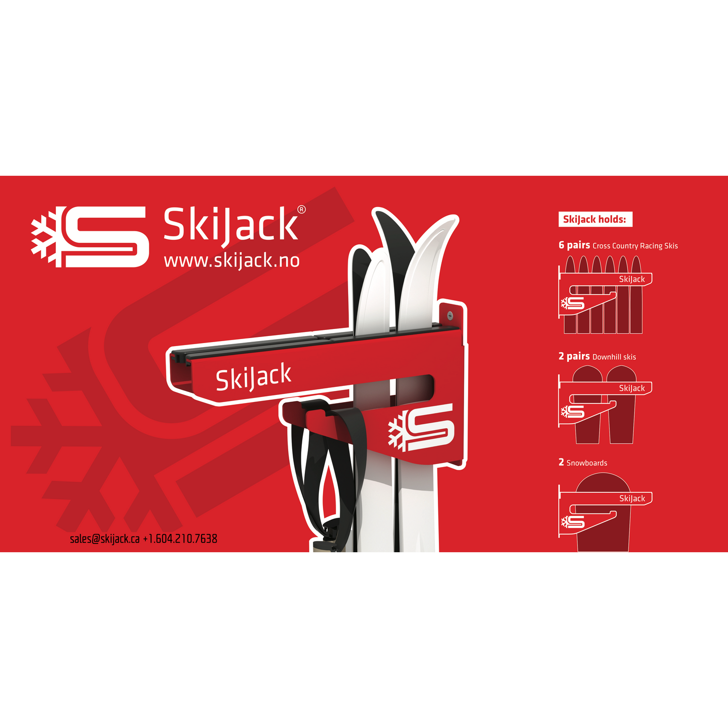 A product picture of the Skijack Wall-Mounted Ski and Snowboard Storage Hanger