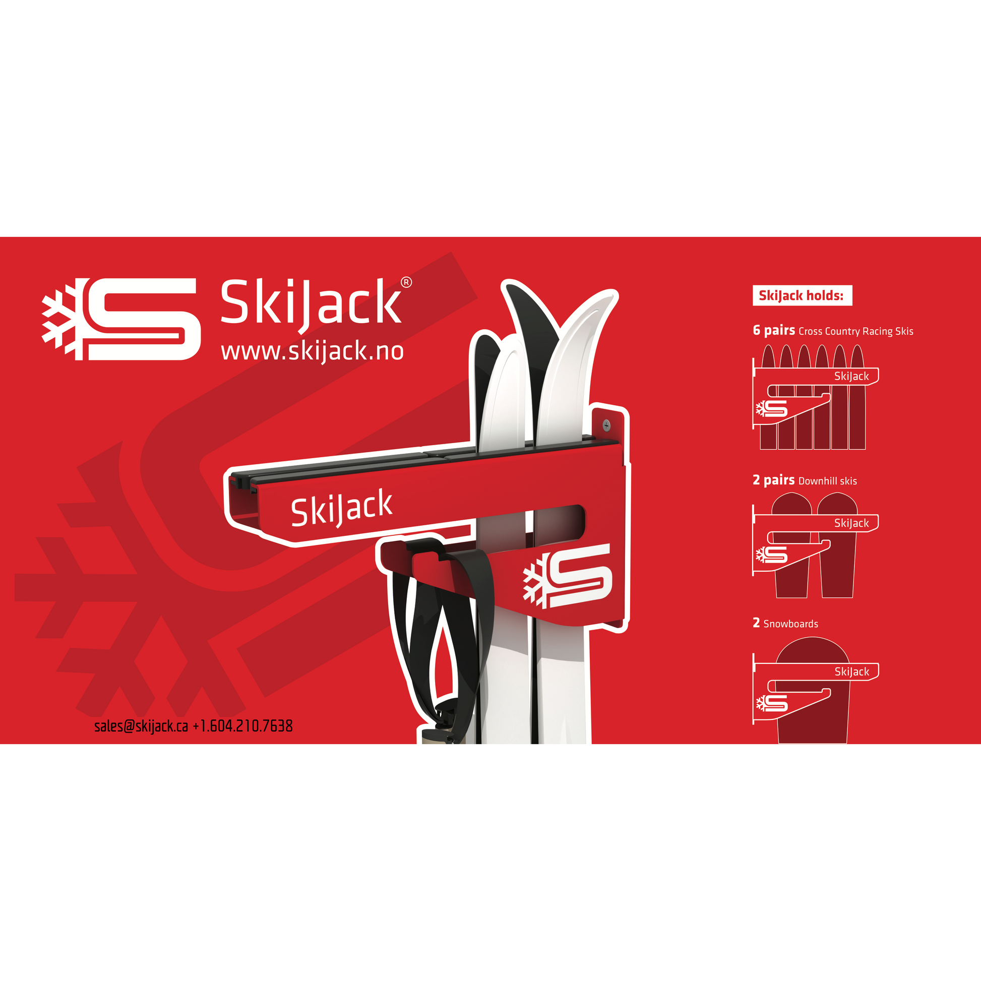 A product picture of the Skijack Wall-Mounted Ski and Snowboard Storage Hanger