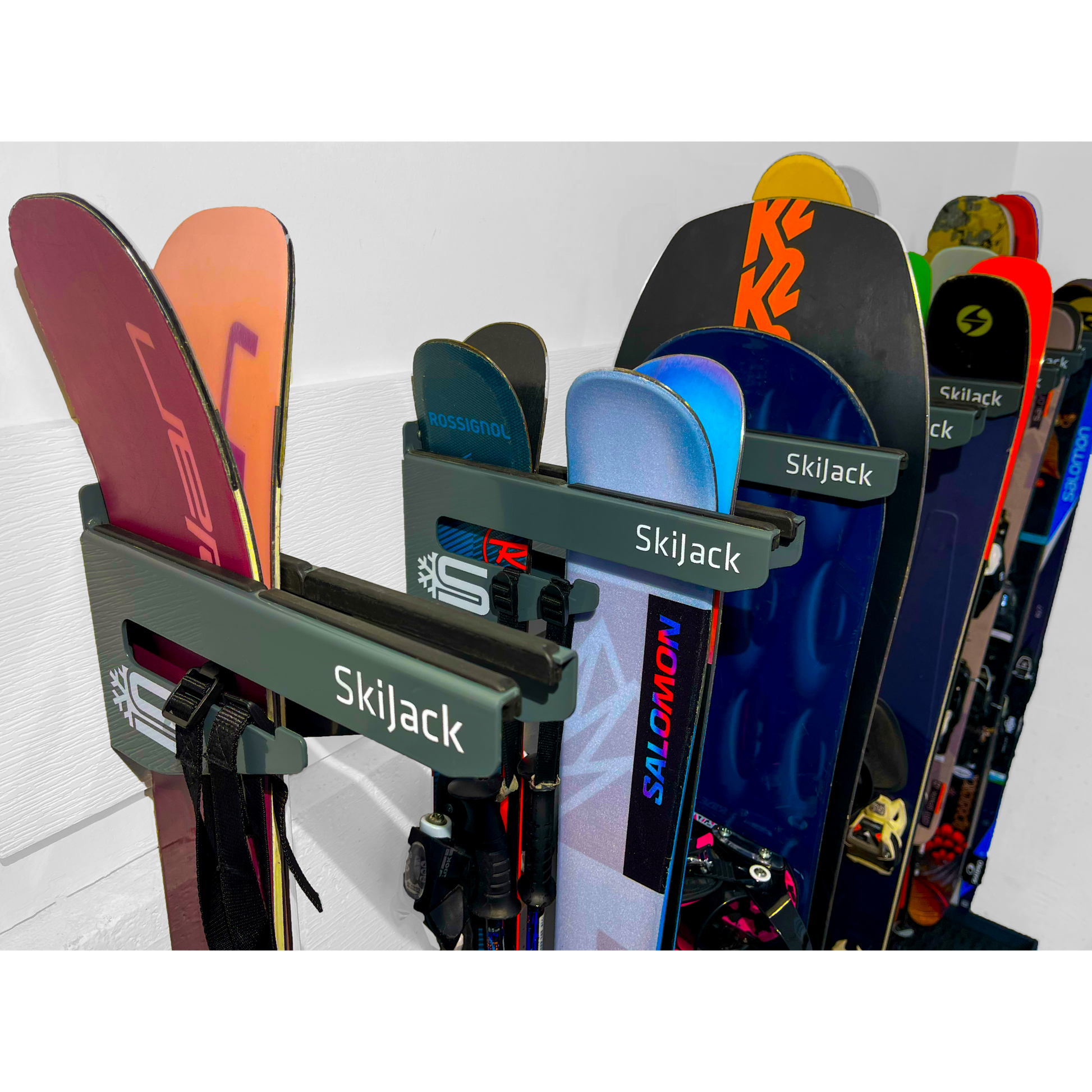 A product picture of the Skijack Wall-Mounted Ski and Snowboard Storage Hanger