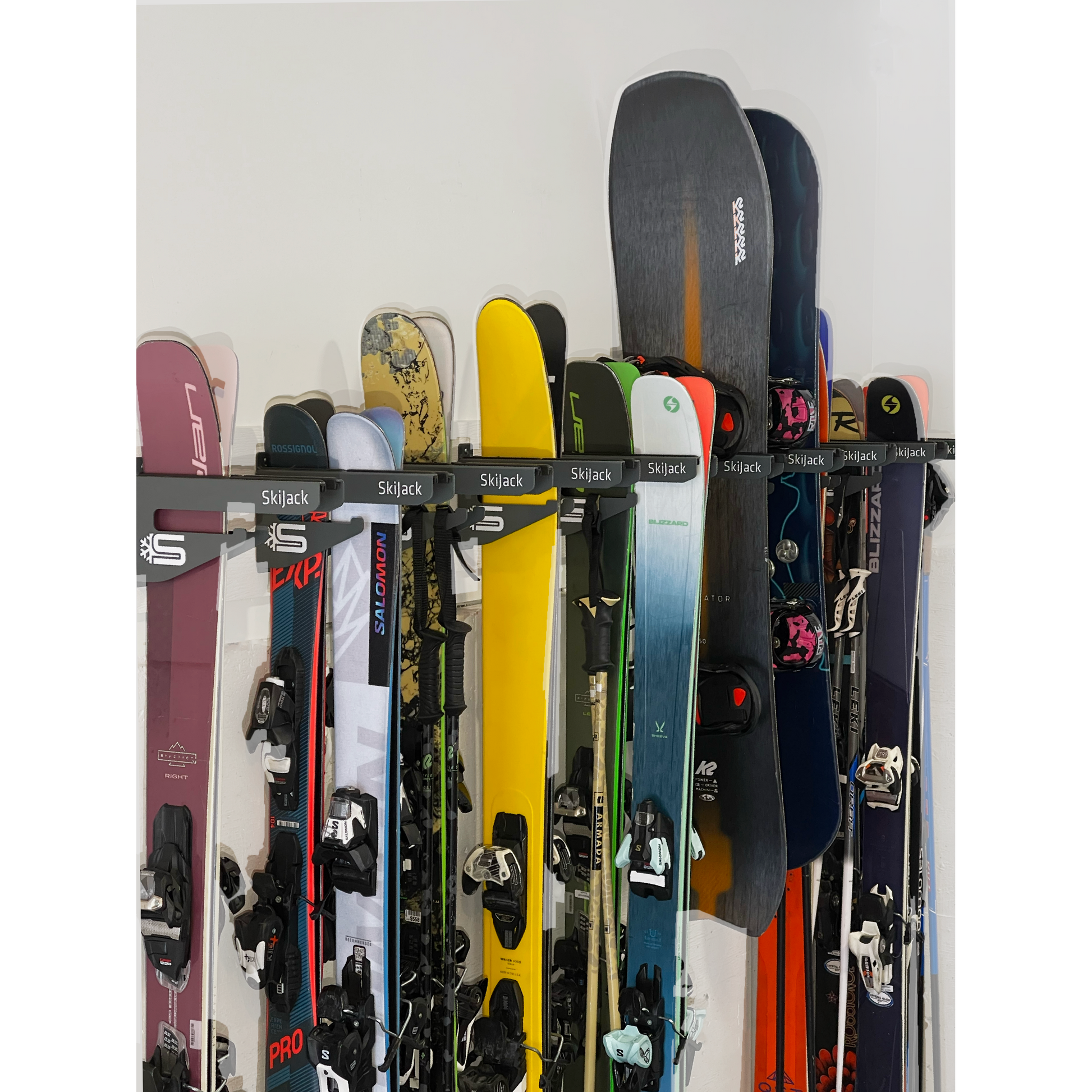 A product picture of the Skijack Wall-Mounted Ski and Snowboard Storage Hanger