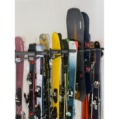 A product picture of the Skijack Wall-Mounted Ski and Snowboard Storage Hanger
