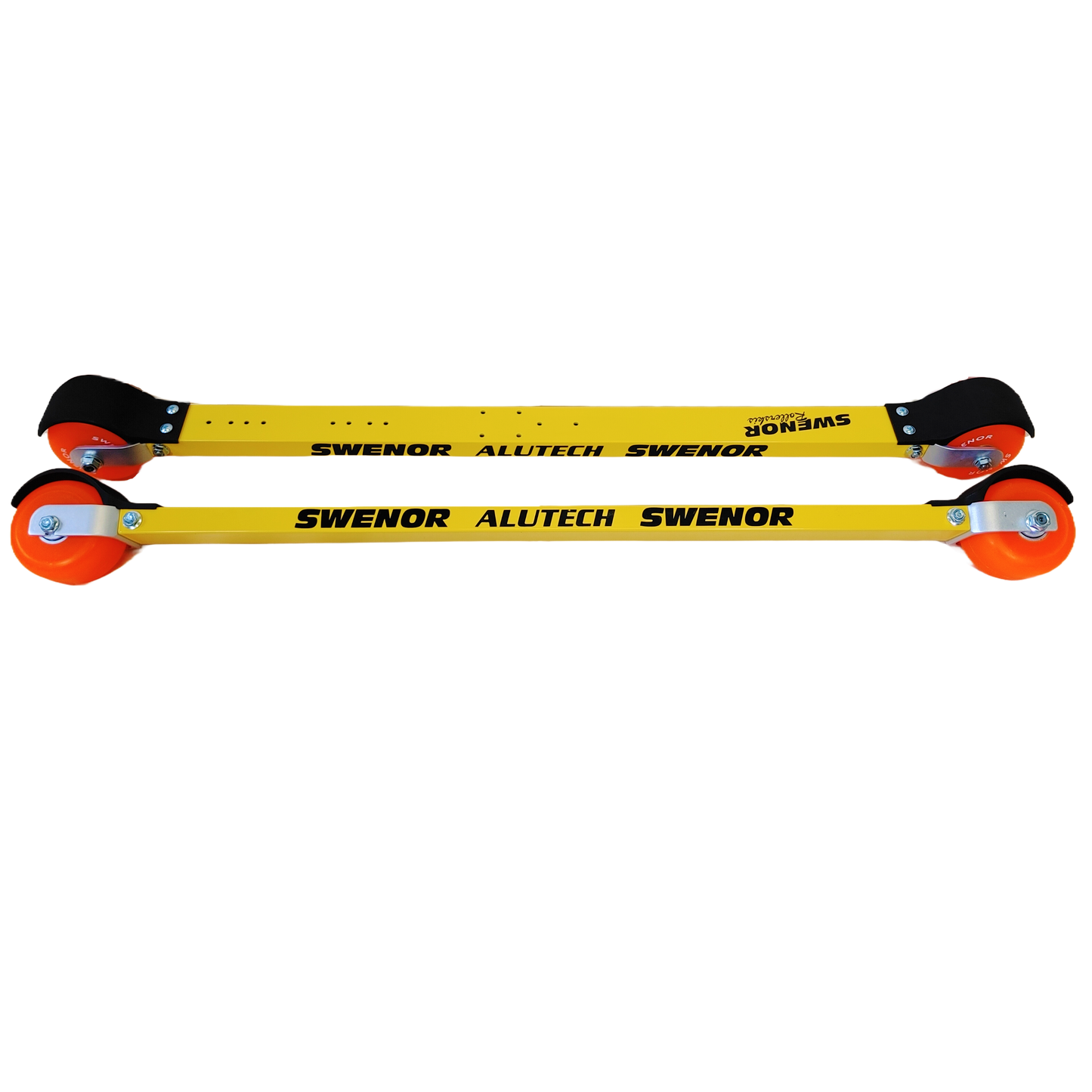 An aluminium classic racing rollerski with polyurethane wheels.