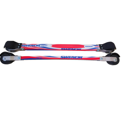 A fibreglass and wood classic rollerski with larger wheels. 