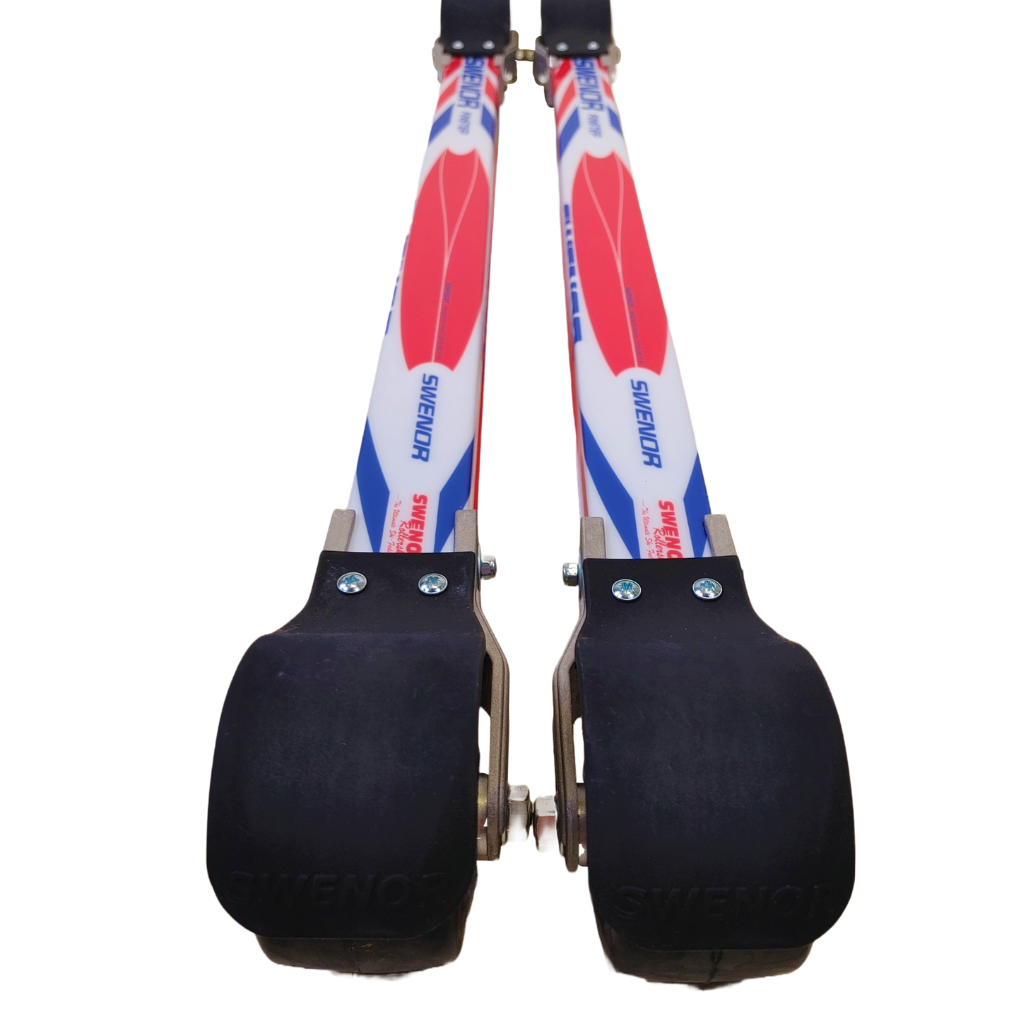 A fibreglass and wood classic rollerski with larger wheels. 